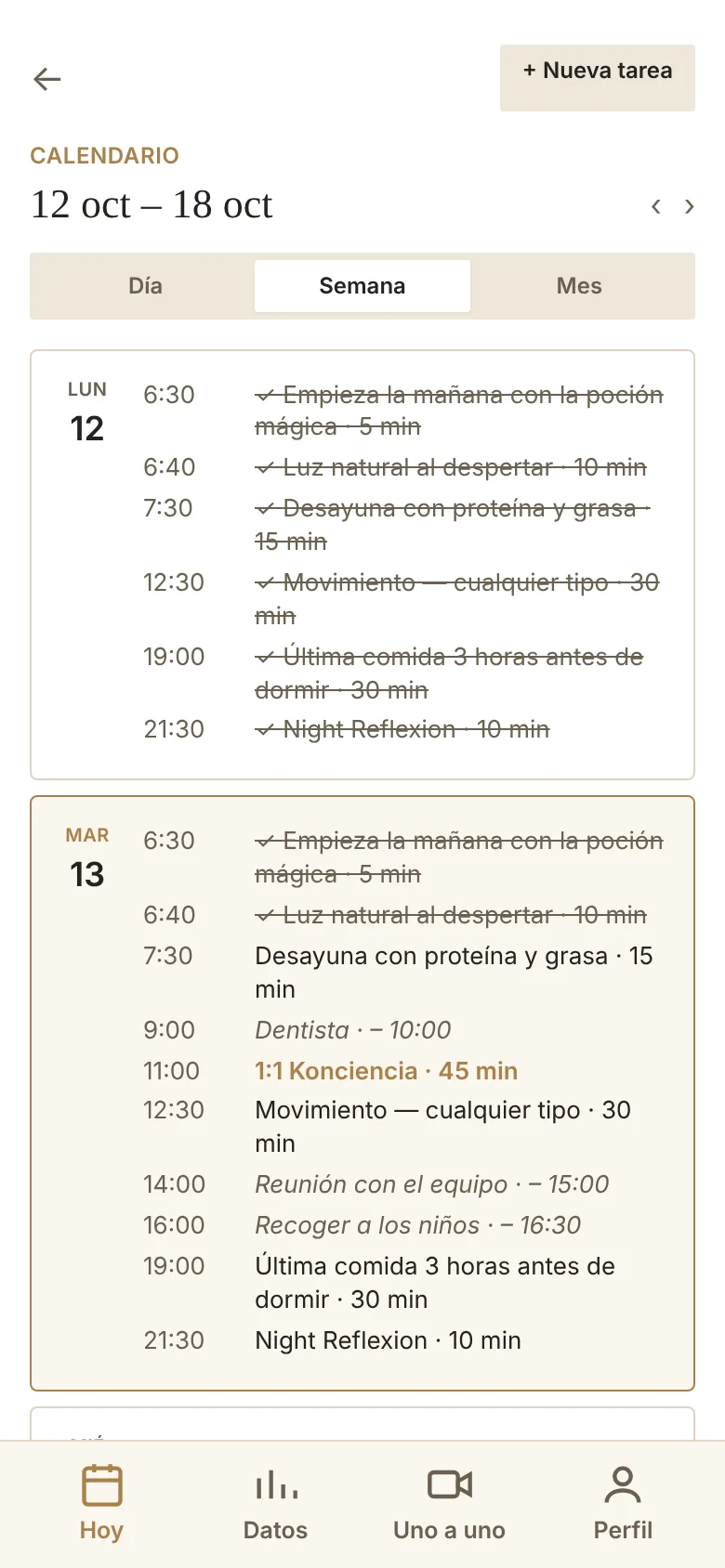 Calendario de la semana con tareas y eventos de Google Calendar