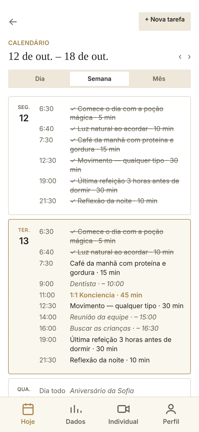 Calendário da semana com tarefas e compromissos do Google Agenda