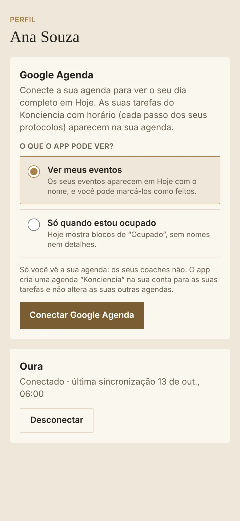 Tela para conectar o Google Agenda escolhendo o que o app pode ver