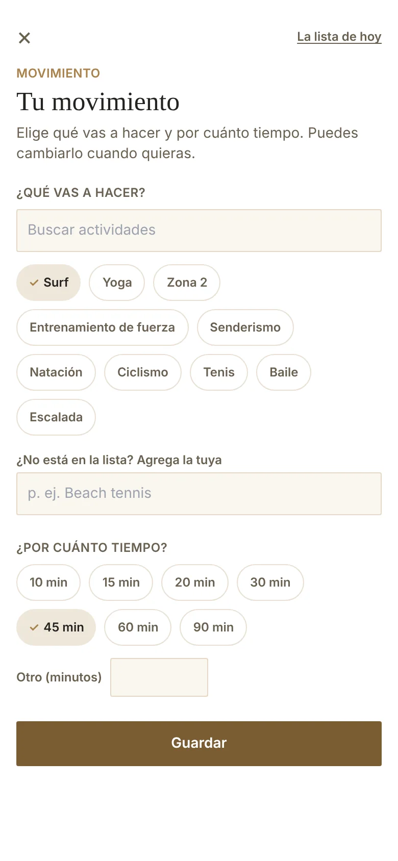 Pantalla Tu movimiento con actividades para elegir y la duración