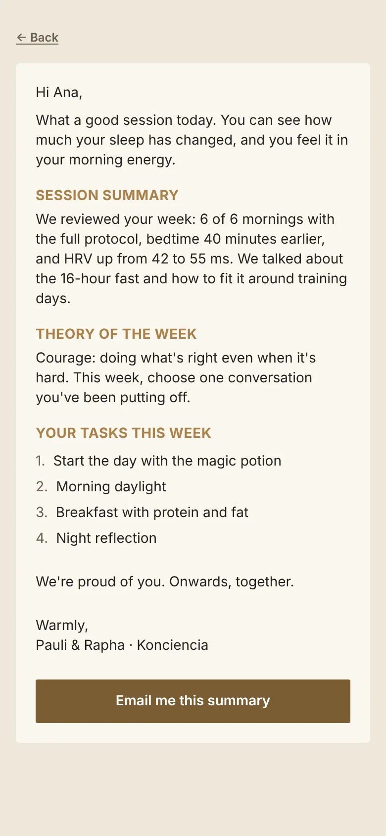 Summary of a 1:1 session with the week's tasks