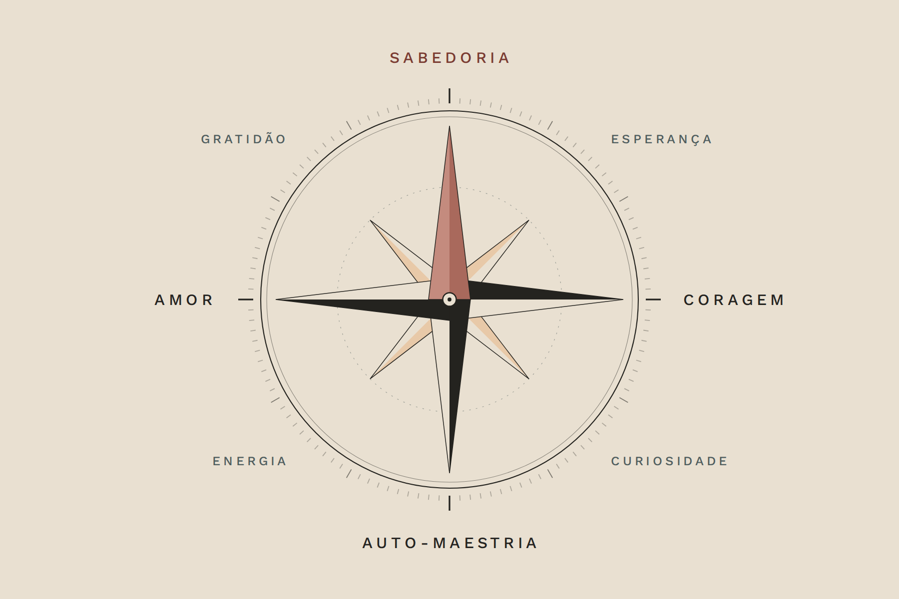 Bússola das virtudes: sabedoria, coragem, auto-maestria, amor, esperança, curiosidade, energia e gratidão