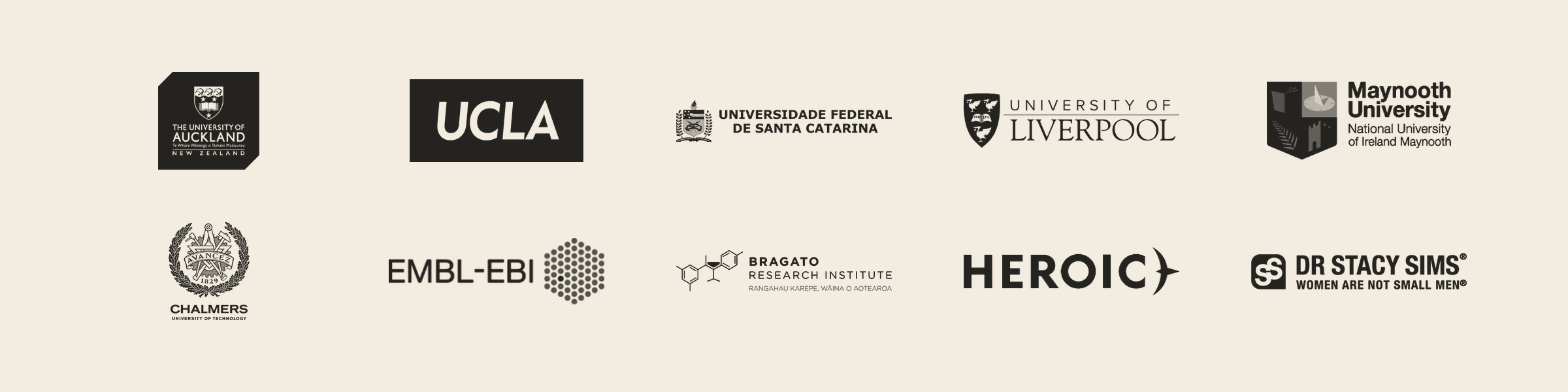 University of Auckland, UCLA, UFSC, University of Liverpool, Maynooth University, Chalmers, EMBL-EBI, Bragato Research Institute, Heroic, Dr. Stacy Sims