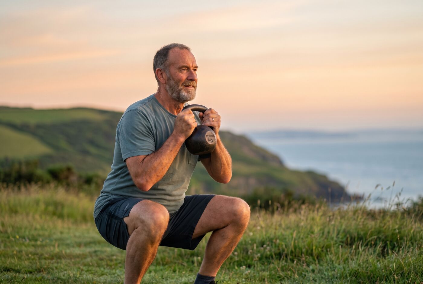 Homem de cerca de 60 anos fazendo agachamento com kettlebell ao ar livre